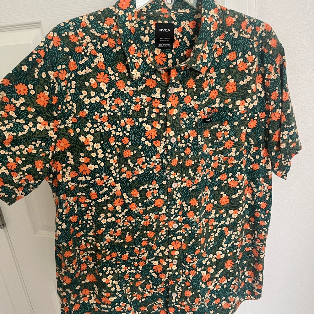RVCA Men's Floral Button Down Shirt - Green and Orange